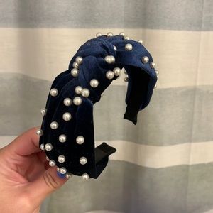 Navy blue velvet pearl studded headband!